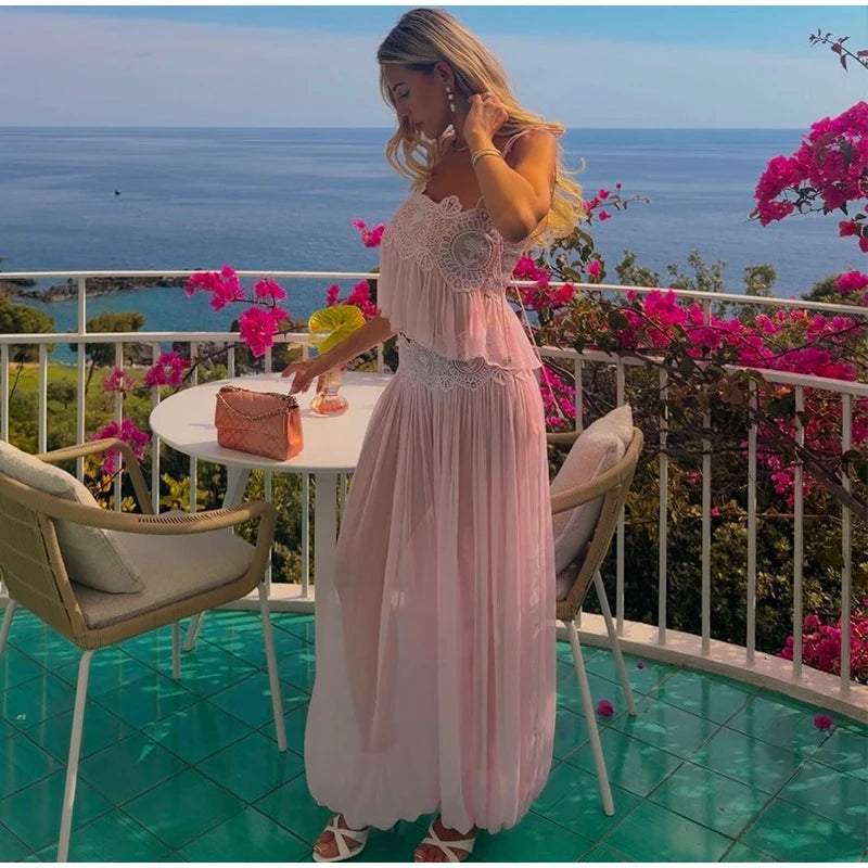 See Through Lace Vest Pant Set Women Beach Sling  Tops Pleated Straight Pants 2026 Summer Vacation Hollow Out Lady Suits