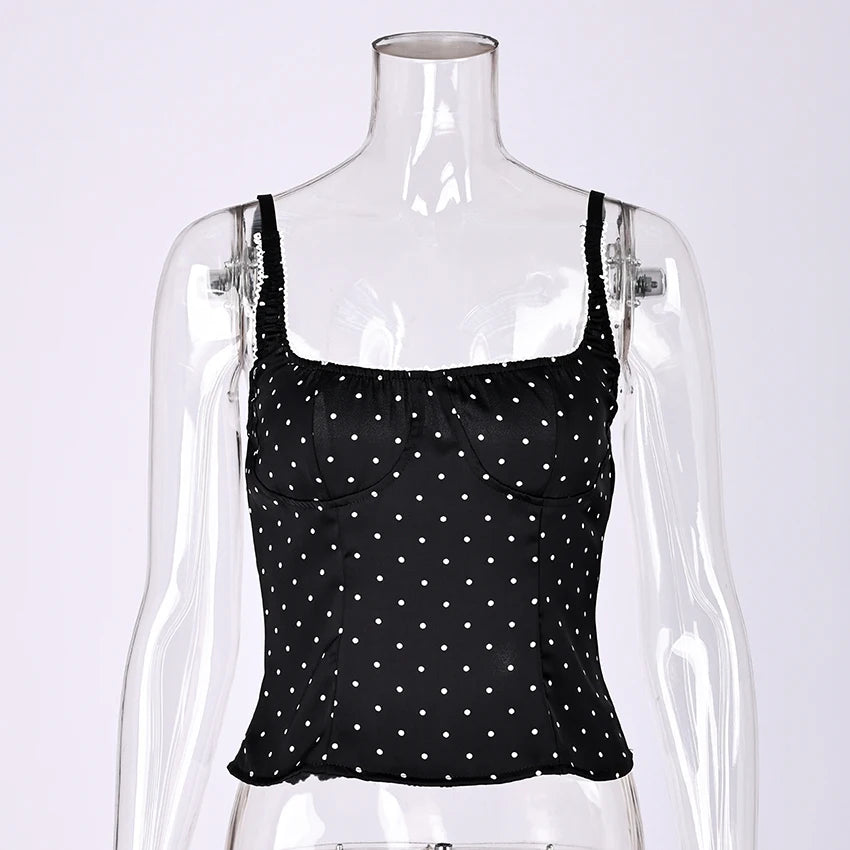 Backless Polka Dot Satin Tank Top Women Spaghetti Strap Lace Camisole Summer