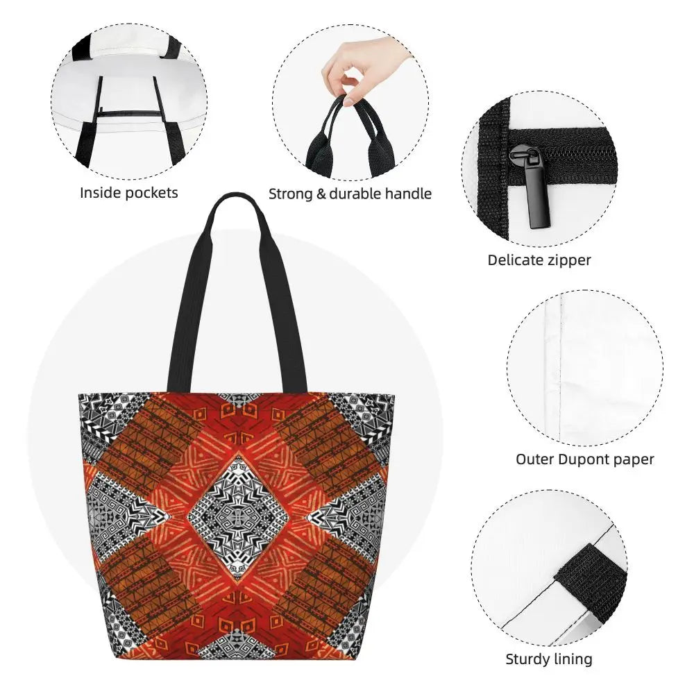 African Ankara Prints Grocery Shopping Tote Bags Women Geometric Ethnic Art Canvas Shoulder Shopper Bags Big Capacity Handbag