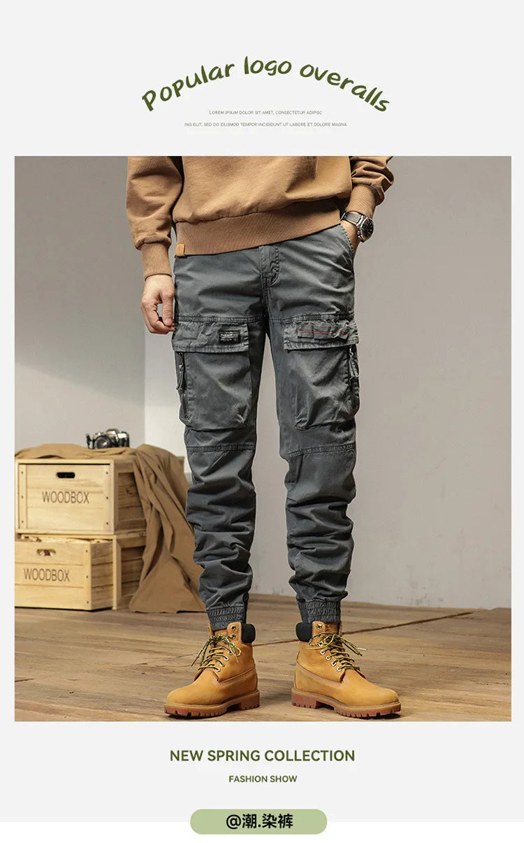 The new men's American retro sporty design in 2025 features multi-pocket, versatile drawstring work pants and stretch trousers