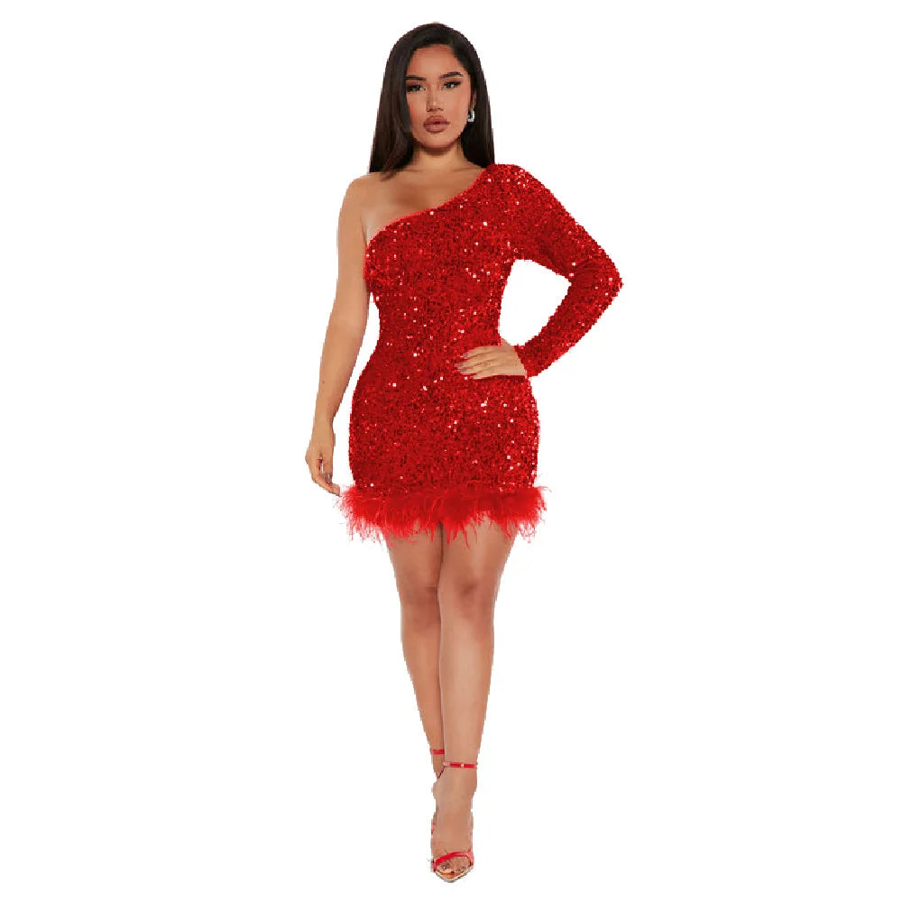 Sexy and Elegant Women's Party Dress Long Sleeved Diagonal Shoulder Off Shoulder Sparkling Edge Sequin Tight Women's Prom Dress