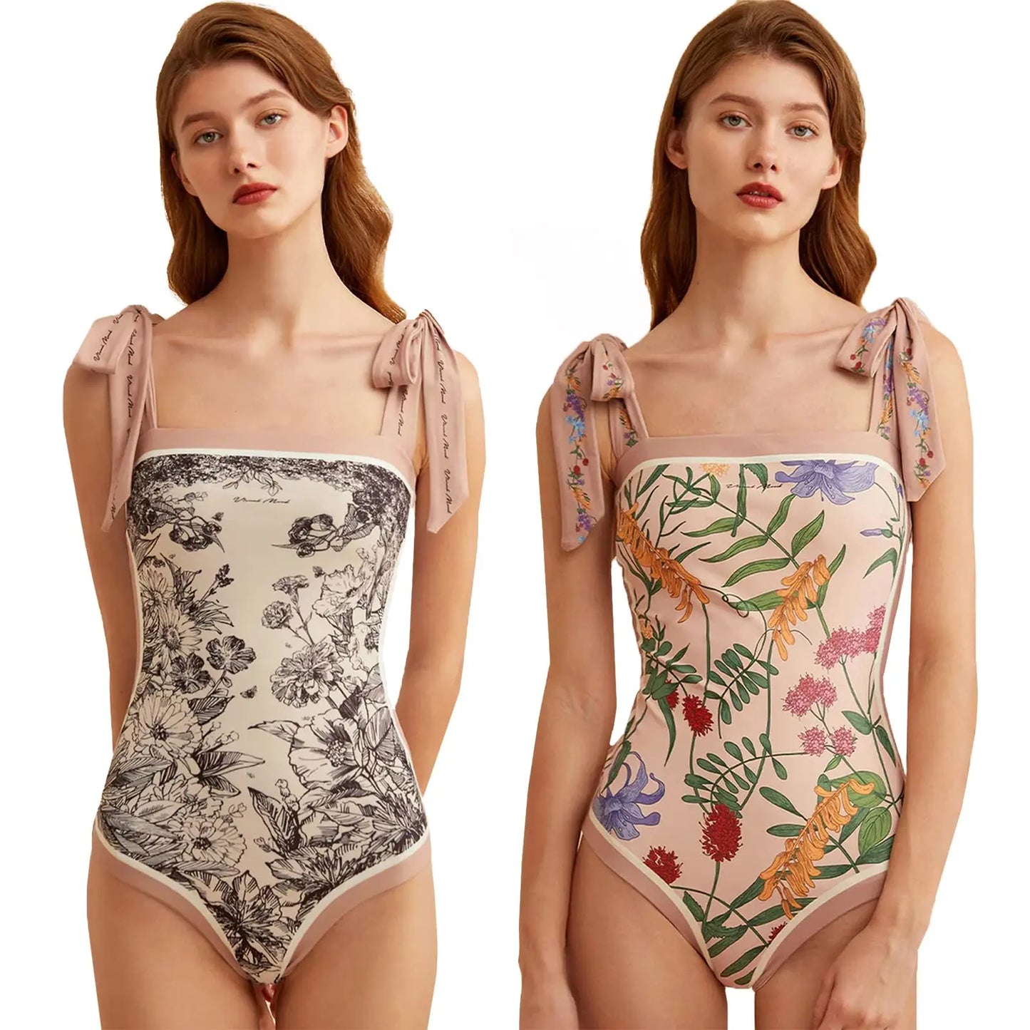 Y2K Floral One Piece Swimsuit Reversible Tie Shoulder Monokini Tummy Control
