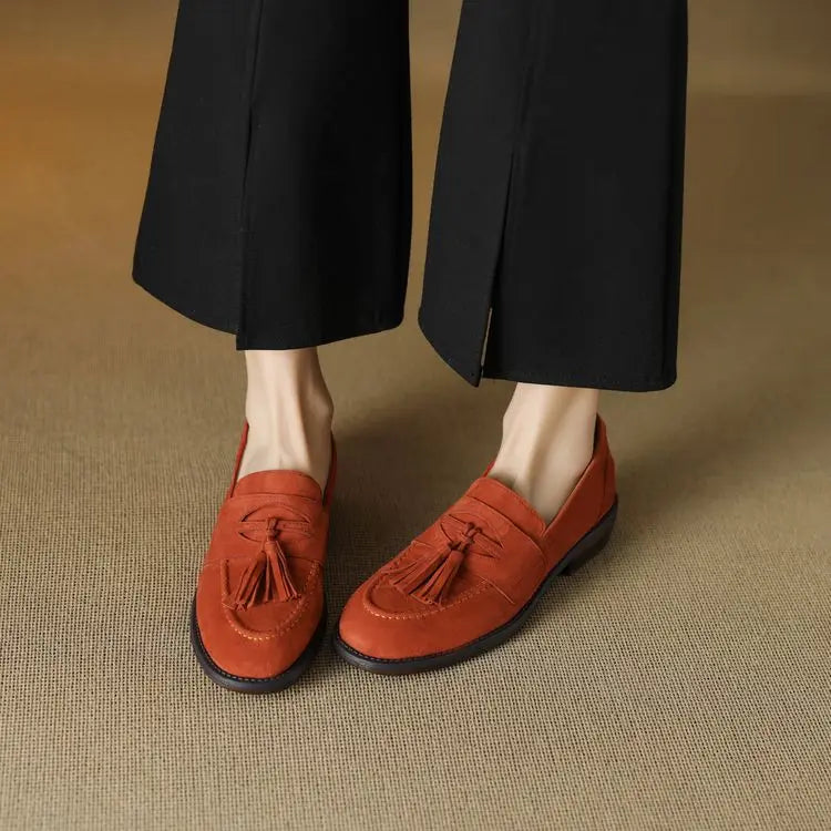 Women's loafers leather shoes Spring New Products Genuine leather sheepskin Nubuck Leather Black/Green/Orange Tassel decoration
