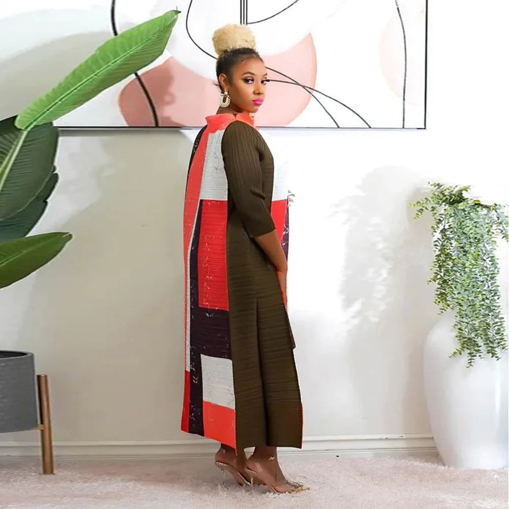 African Dresses for Women Summer Fashion Style African 3/4 Sleeve Polyester O-neck Pleated Dress Dashiki African Clothes Women