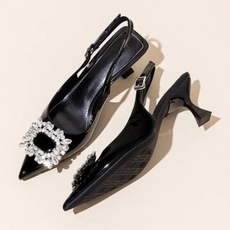 Baotou Fine Heel Patent Leather Sandals Women's Summer Pointed Toe Shallow Mouth Rhinestone Buckle Non-slip High Heels