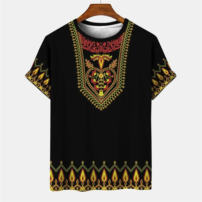 Summer Men's Vintage T-shirt African Tradition Stripe Printed T Shirts Casual O-Neck Short Sleeve Tees Street Fashion Loose Tops