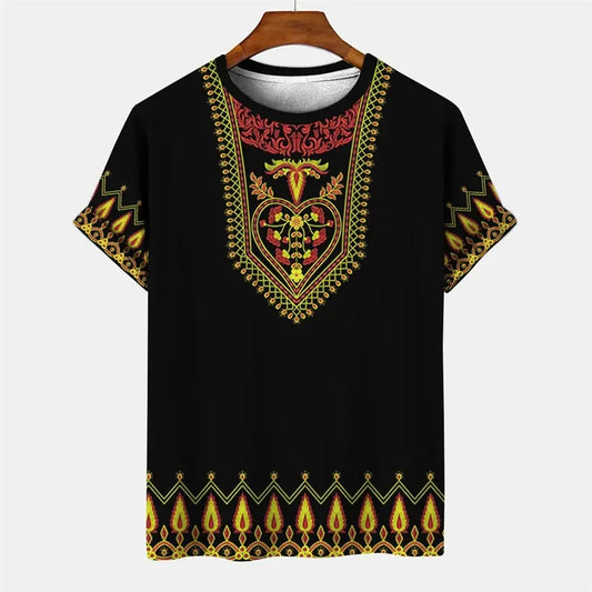 Summer Men's Vintage T-shirt African Tradition Stripe Printed T Shirts Casual O-Neck Short Sleeve Tees Street Fashion Loose Tops
