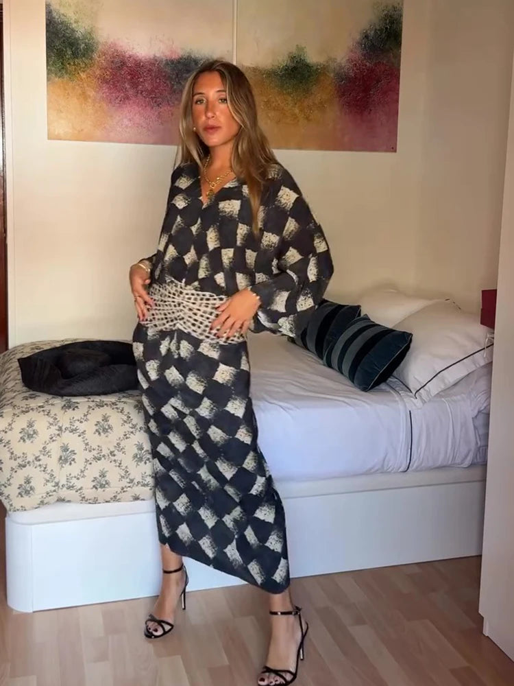 Elegant Plaid Printed Women's Dress V-neck Batwing Sleeve Waist Cinching Long Dress 2026 Spring Summer Casual Holiday Lady Robes