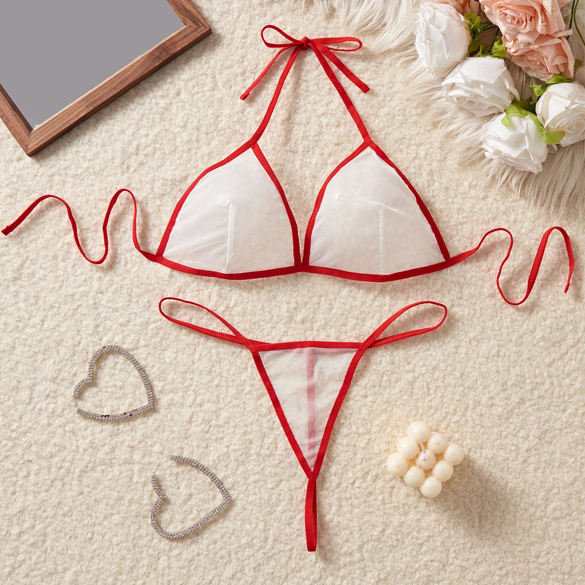 Pink Transparent Mesh Bikini Set See Through Cups Sexy Female Lingerie Hot Underwear For Women Erotic Costumes Bra & Thongs Sets