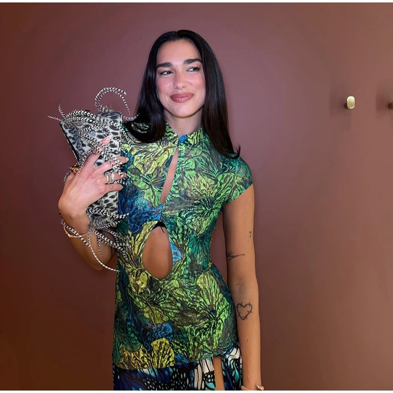 Jungle Butterfly Print Midi Dress Mandarin Collar Cutout Waist High Slit Dress 2026 Summer Festival Night Out Wear Women Vestido