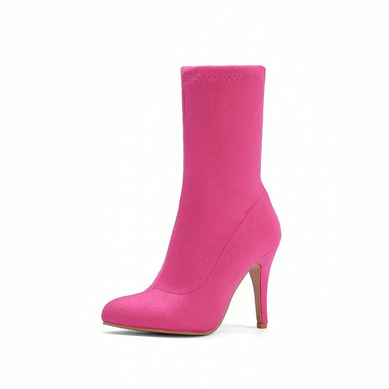2023 Autumn Winter Sock Short Boots Lady Mid-Calf Thin High Heels Large Size 46 Fashion Women Shoes Elastic Flock Pointed Boots