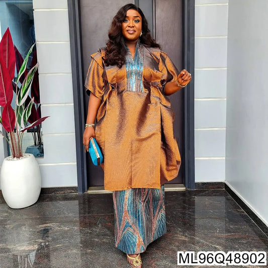 2025 New African Women's Fashion Robe and Skirt Set, Printed Plus-size Two-piece Dress ML96Q48907