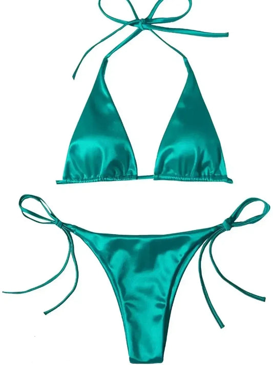 Sexy Halter Satin Brazilian Bikini Women Swimwear Female Swimsuit Two-pieces Bikini Set Bather Bathing Suit Swim Women Swimsuit