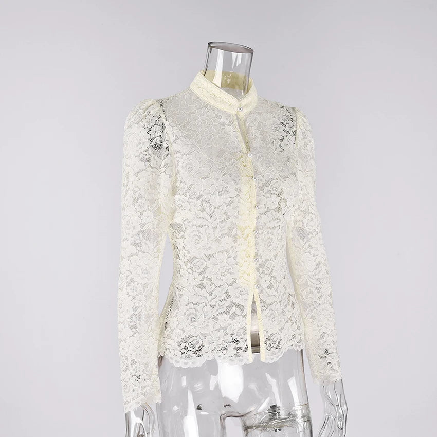 Linad Elegant Sheer White Embroidery Blouses Women Autumn Street Chic Lace Stand Collar Shirt And Blouse 2025 Casual Tops Female