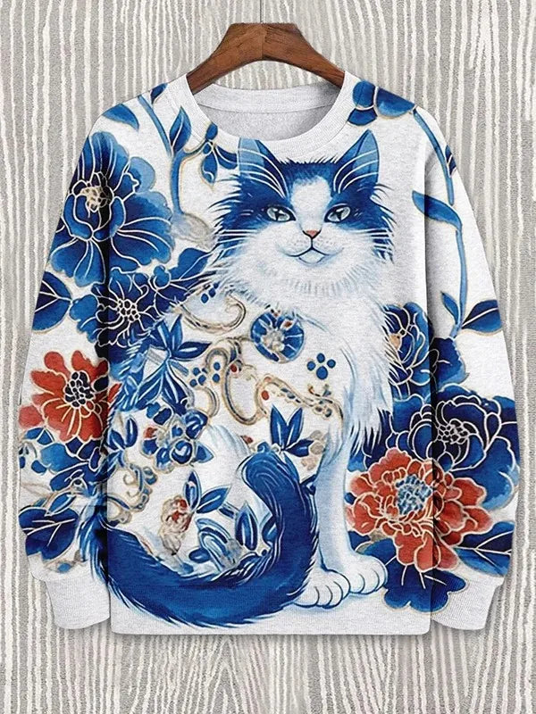 Japanese Fashion Men's Sweatshirt Funny Animal Graphic Ukiyo-e O-Neck Pullover Casual Pullover Tops Regular Fit Polyester Shirt