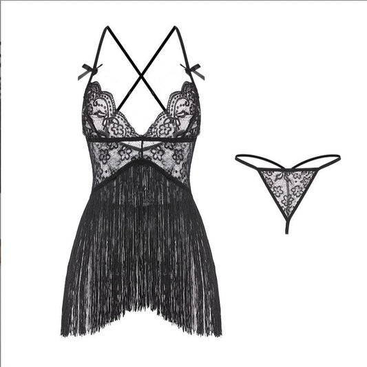 Sexy Women Night Dress Sleeveless Backless Porno Pajamas Floral Lace Erotic Nightwears+Thongs Sexy Short Transparent Dresses