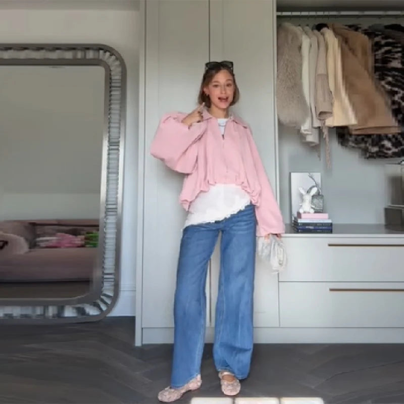 Women's Pink Puff Sleeve Pleated Bomber Jacket Casual Sweet Irregular High Waist Zipper Loose Crop Coat Daily Commute Outerwear