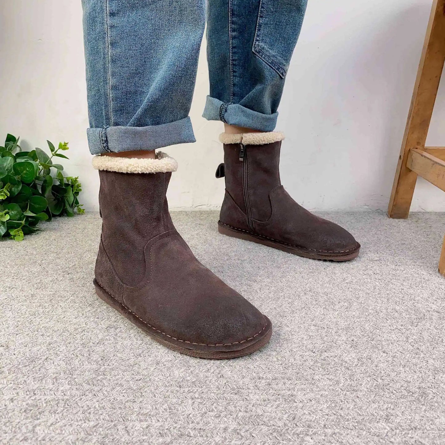 Careaymade-Genuine cow leather Snow cotton round head flats woolen short boots plush warm snow boots Oversized shoes size 35-43