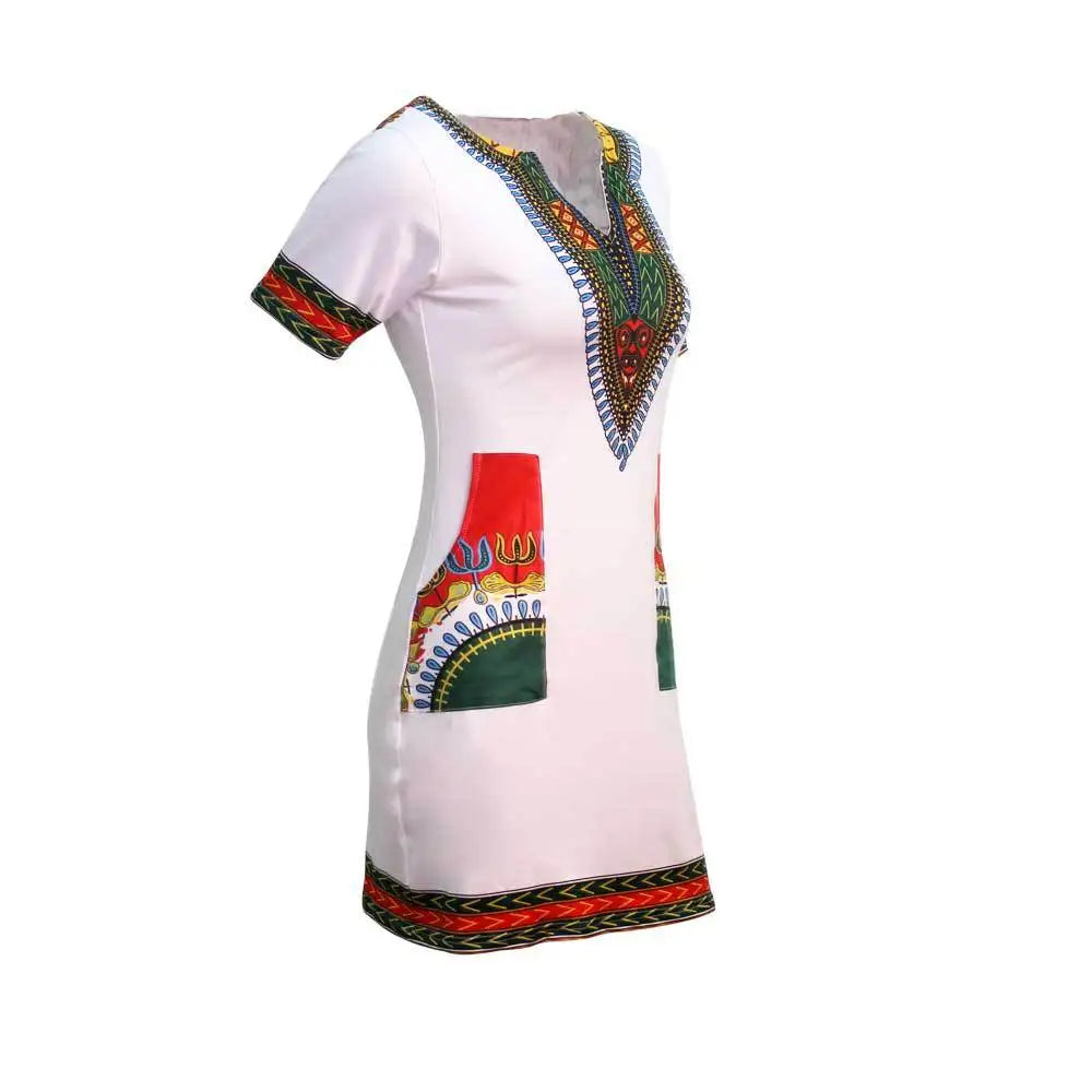 African Dresses for Women Summer 2022 Fashion Style African Women Short Sleeve V-neck Polyester Knee-length Dress