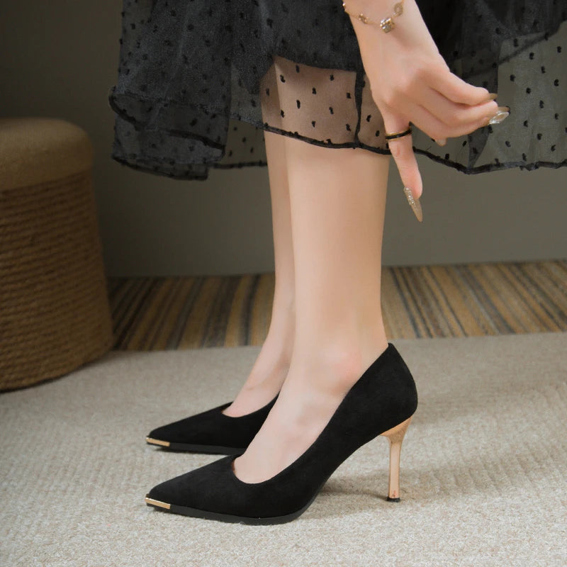 NEW Women's Style Banquet Fashion Light Luxury 6 8cm High Heels Pumps Stiletto Metal Pointed Suede Single Fashion Casual comfort