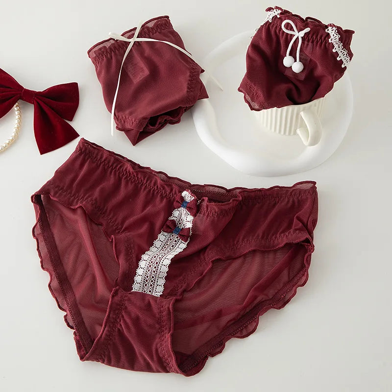 L-XL Women's Underwear Panty Sexy Lace Panties Bowknot Wine Red Brief Med Waist Seamless Underpants Female Lingerie Panties