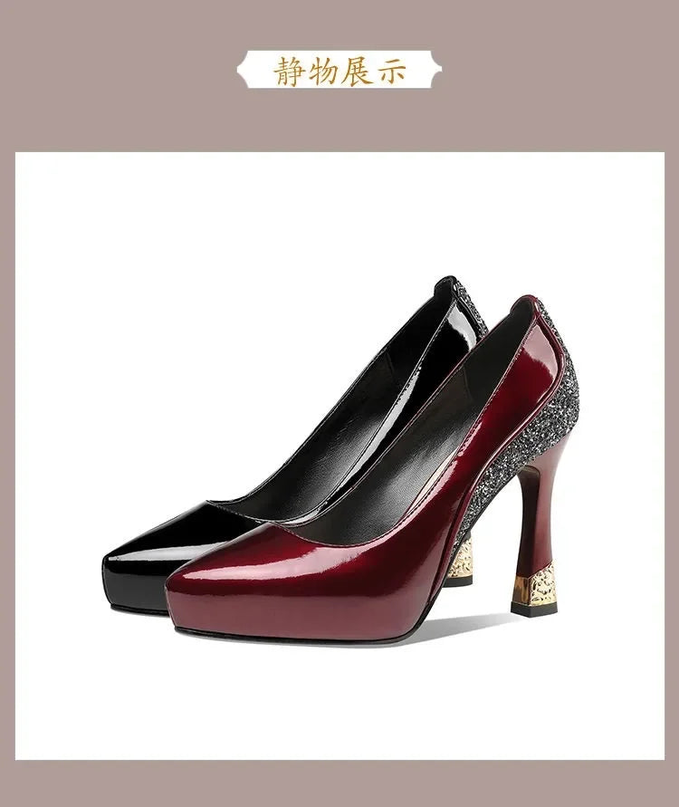 2025 Spring New Pointed Shallow Patent Leather High Heels Fashion Elegant Shoes for Women Thin Heel Platform Work Pumps Zapatos