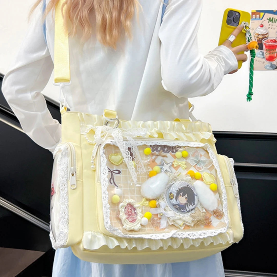 Sweet Lolita Single Shoulder Crossbody Bag Transparent Window Lace Ruffles Anime Badge Display Bag for Women