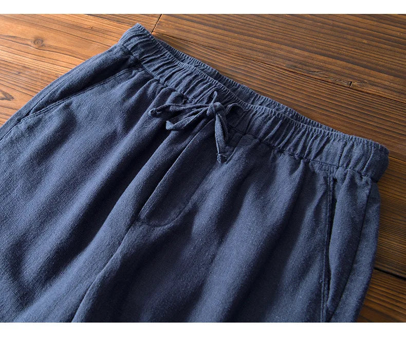 70% Linen,30% Cotton Men's Drawstring Elastic Waist Casual Pants, Straight Loose Ramie Trousers, Camping Fishing Comfortable