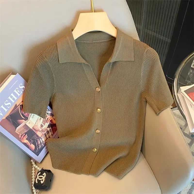 Knitted Polo Shirt  Women's Summer Cardigan Short Sleeve T-Shirt Casual Fashion Short Sleeve Tops Knitwear 2025 Korean Clothing
