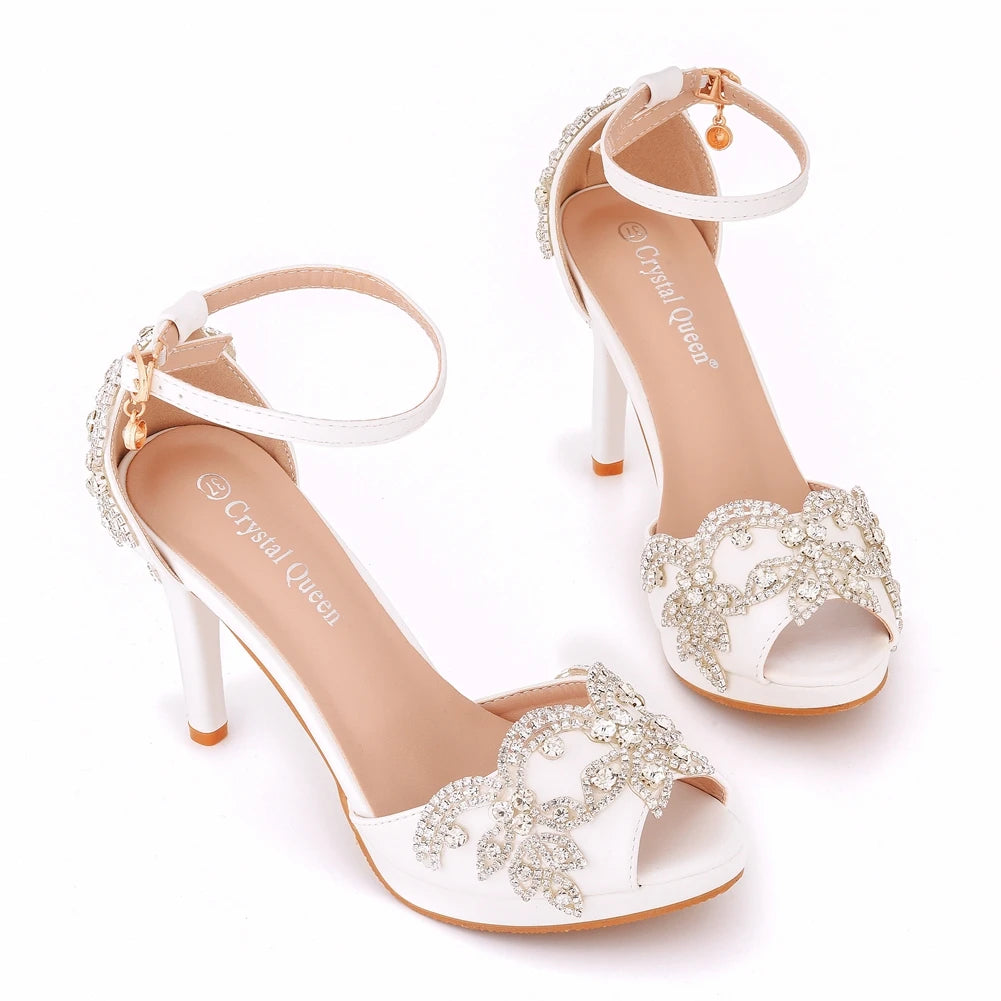 Women Wedding Shoes Bride Sandals White Rhinestones Silver Platform Dress Thin High Heels Ladies Pumps