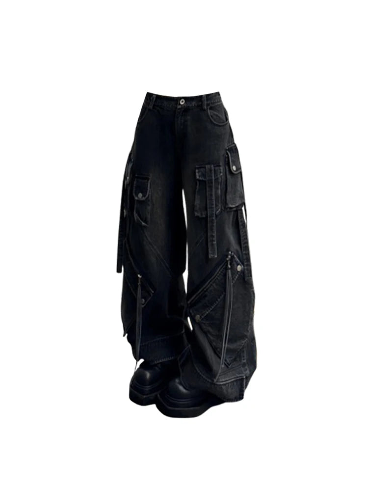 Women Black Gothic Baggy Cargo Jeans Harajuku Oversize Denim Trousers Y2K