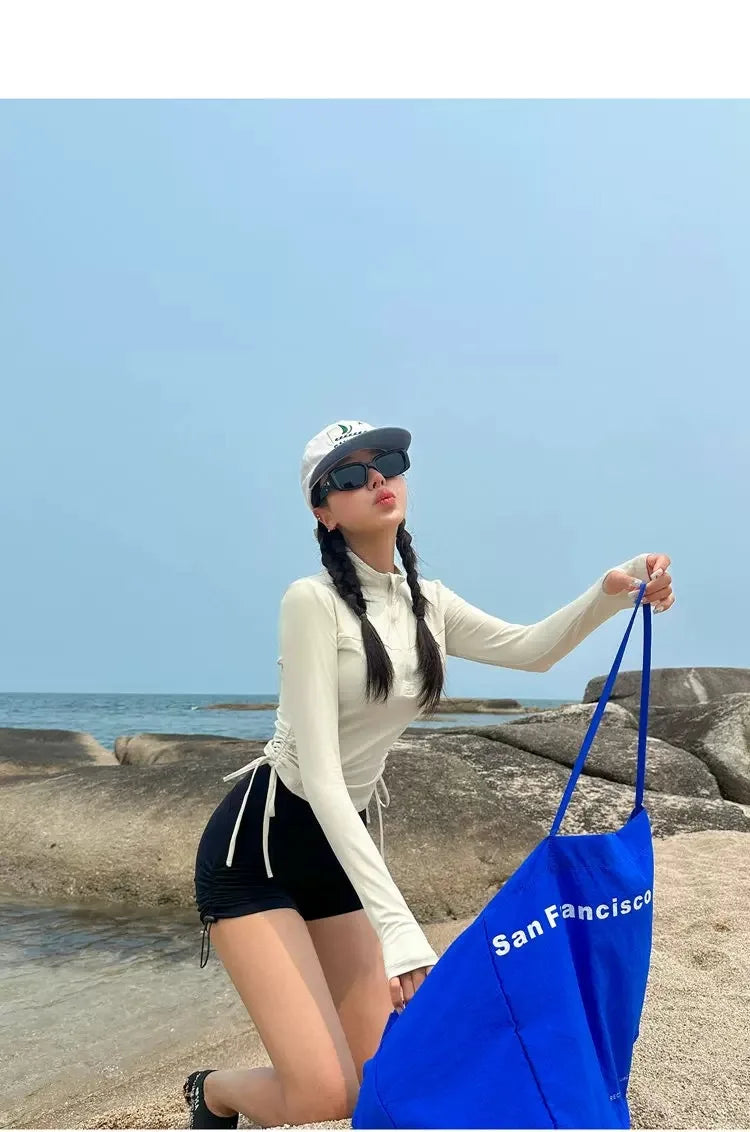Swimwear Sports Style Long Sleeved Sunscreen Fashion Two-piece Set Women Conservative Slimming Effect Drawstring Flat Corner