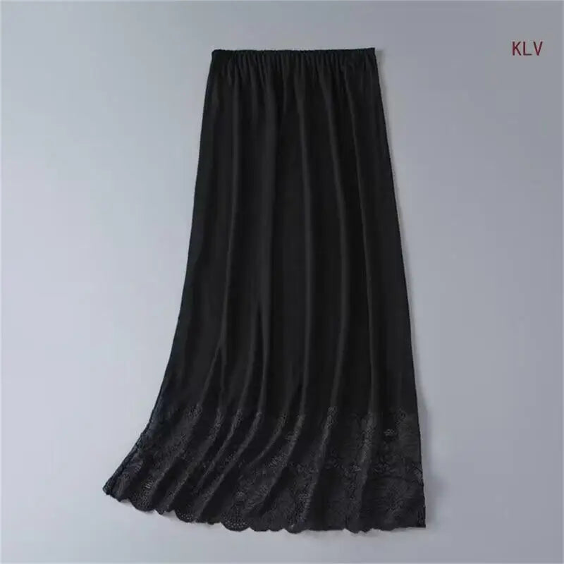 Womens Lace Trim Half Slip Long Underskirt Elastic Waist Solid Color Petticoat Basic Safety Half Skirt for Under Dresses