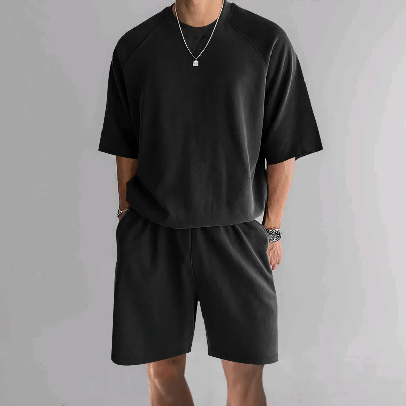 New 2026 Summer Men's Two Piece Sets Casual Loose Short Sleeve O Neck Tees and Shorts Tracksuits Men Stylish Solid Color Suits