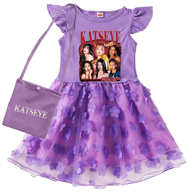 KATSEYE Kpop Clothes Kids Cartoon Summer Dress&bag Baby Girls Fly Sleeve Casual Dresses Girl Sequin Mesh Party Princess Vestidos
