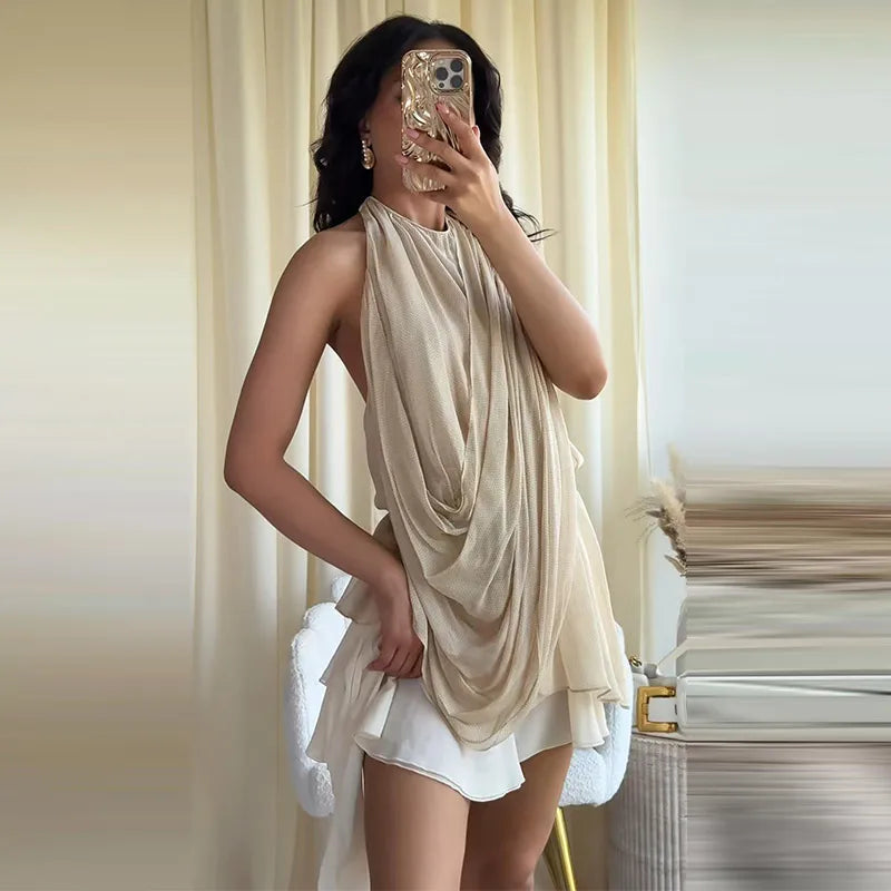 Fashion Women's Pleated Halter Vest Loose Sleeveless Backless Female Feshion Tops 2026 Summer Lady Chic All-match Solid Vests