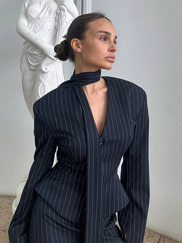 Taruxy Striped Print Vneck Ribbon Suit Coat For Women Long Sleeve Office Blazer