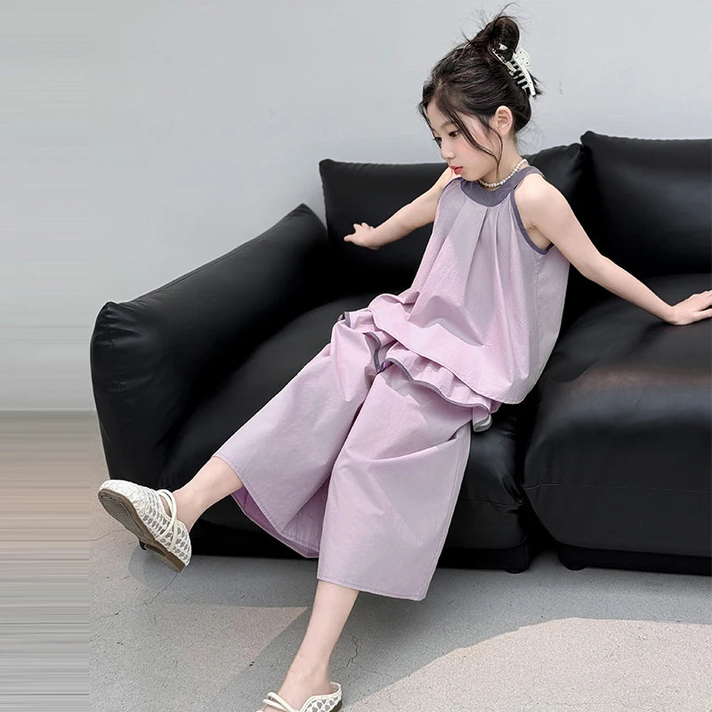 Girls Summer Casual Loose Skirt Pants Set Two Piece Outfit Big Kids Fashion Children's Clothing Set Comfortable