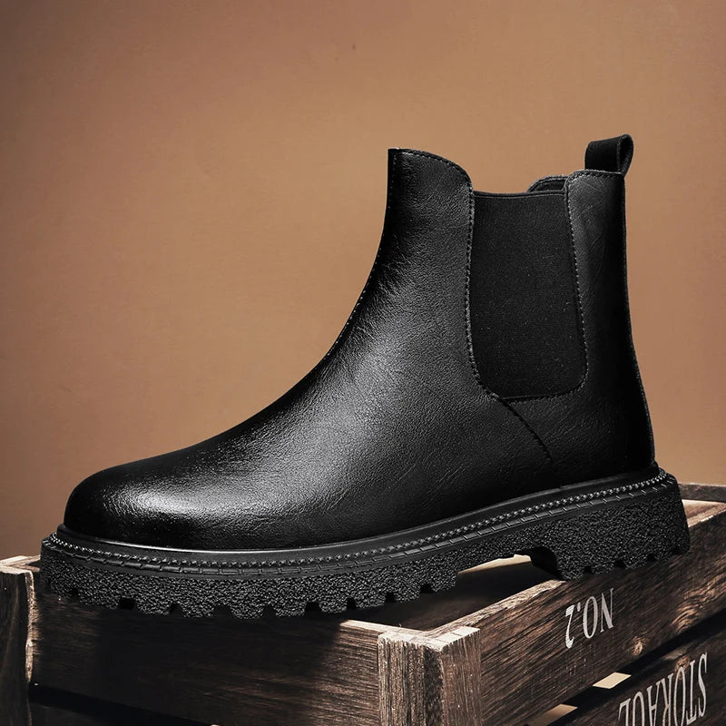 Mens Genuine Leather Chelsea Boots Ankle Casual Fashion Boot Luxury Winter Plush Warm Non-Slip Soles Pure Black Brown Suede