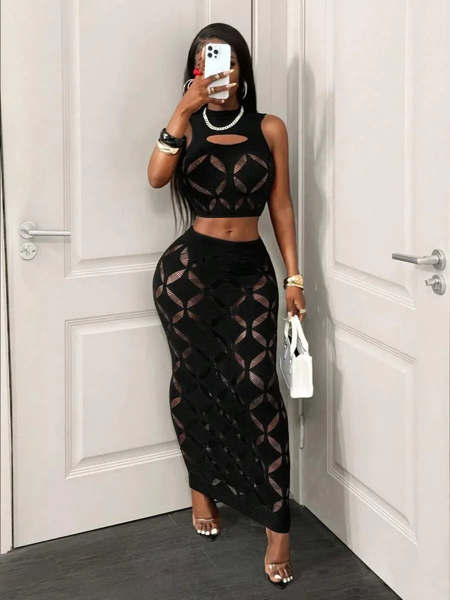 FHSEER Plus Size 2 Piece Women Sexy Mesh Crop Tank High Waist Bodycon Mini Skirt