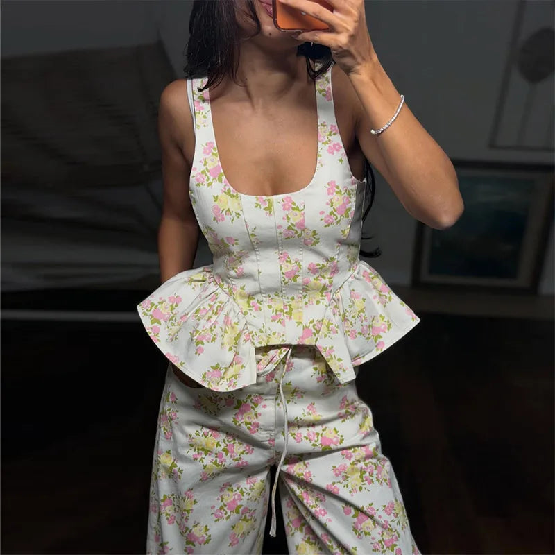 Floral Printed Women Long Pants Set Elegant Sleeveless Backless Vest Wide Leg Trousers Chic Holiday Vacation Lady Summer Outfits BAZAARHUBO