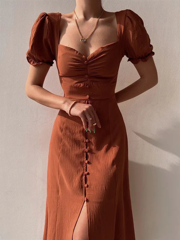 2024 Summer Fashion Summer Skirt Holiday Style Sexy Women's Dress V-neck Single Breasted Shrugged Mid Length Dress