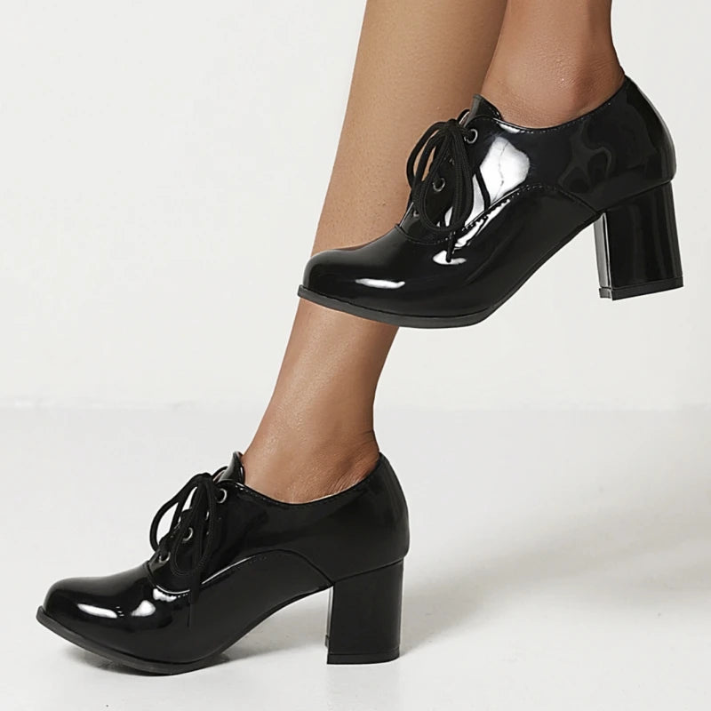 Women's Purple High Heels Loafer Shoes Fashion Lace-up Black White Block Heeled Party Wedding Office Shoes Female Big Size 45