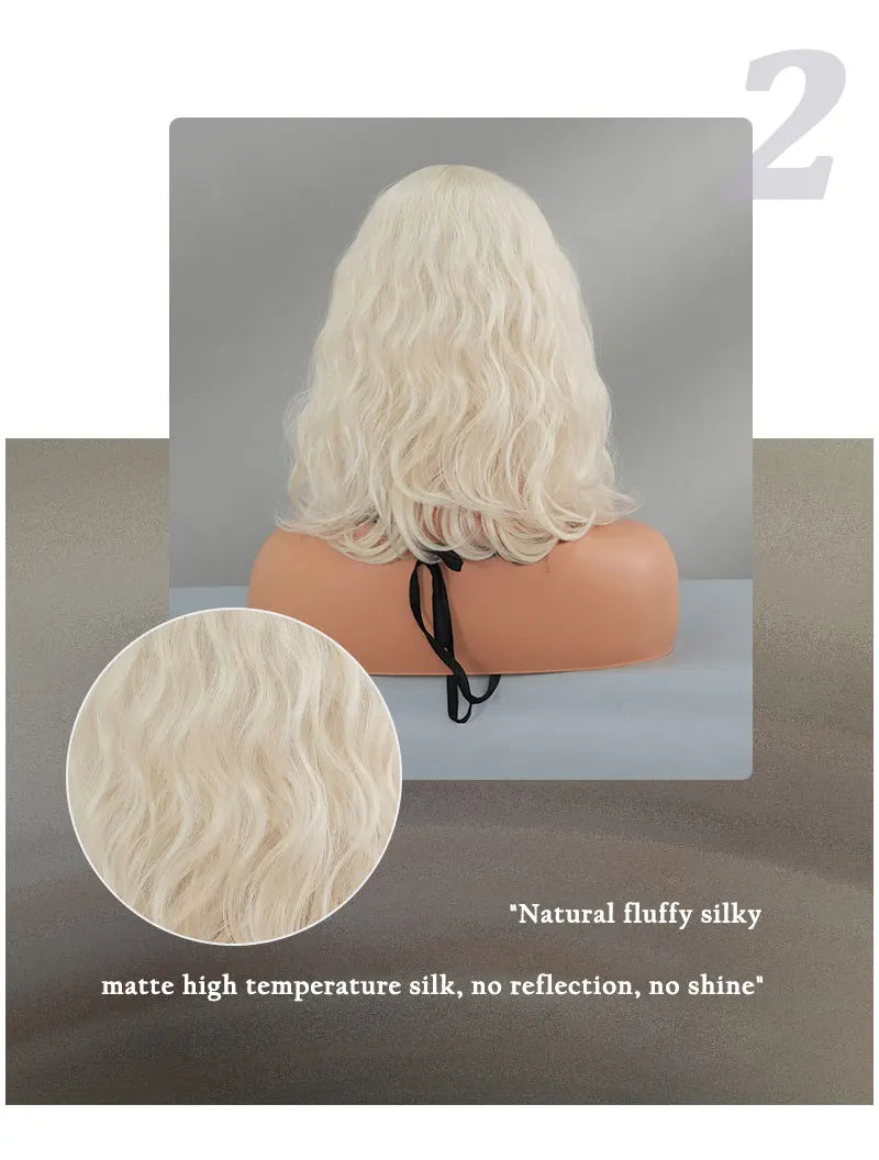 NAMM High Density Synthetic Middle Part Blonde White Wig For Women Daily Short Wavy Bob Wigs With Curtain Bangs Glueless Wig