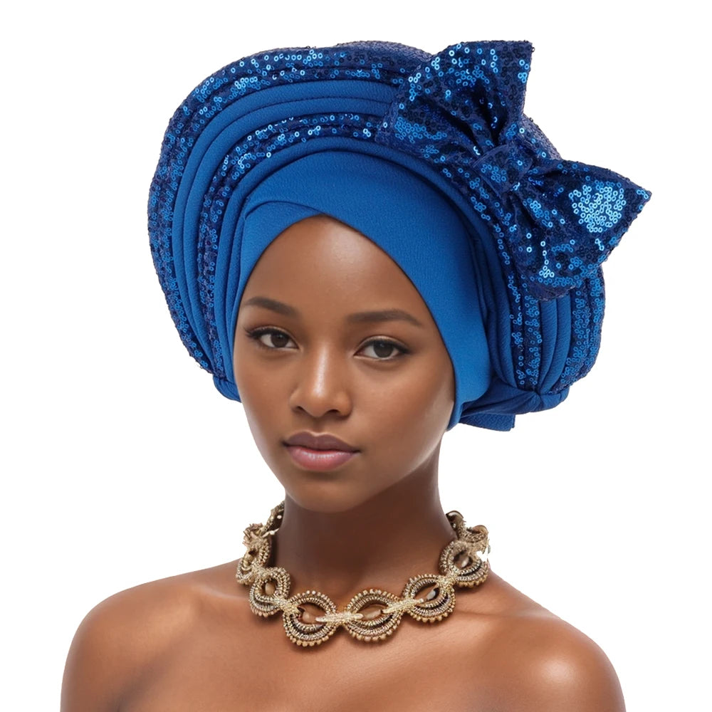 Sweet Bowknot Auto Gele Headtie for Women African Head Wraps Lady Party Headpiece Female Sequins Turban Cap
