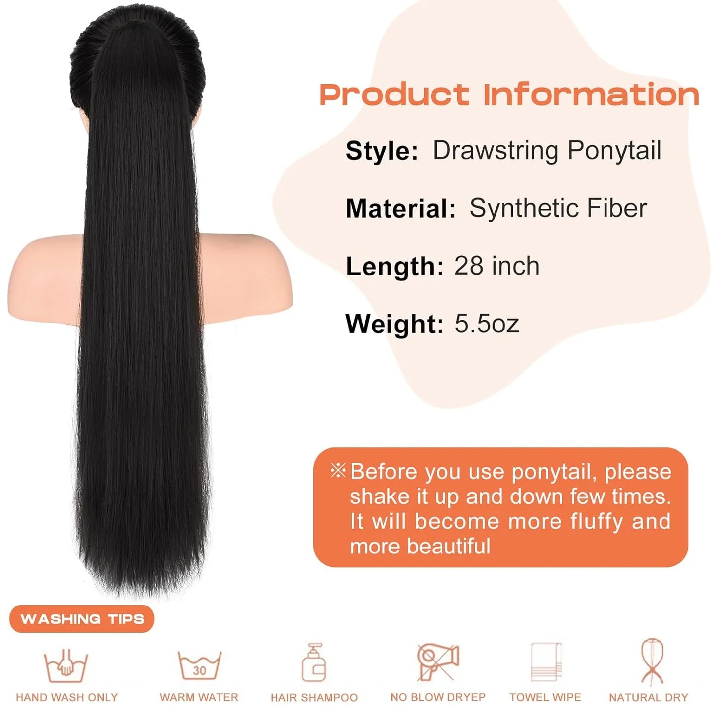 Long Straight Ponytail Extension Clip in,14/15/16 Inch Wrap Around Ponytail Heat Resistant Synthetic Pony Tail Hair