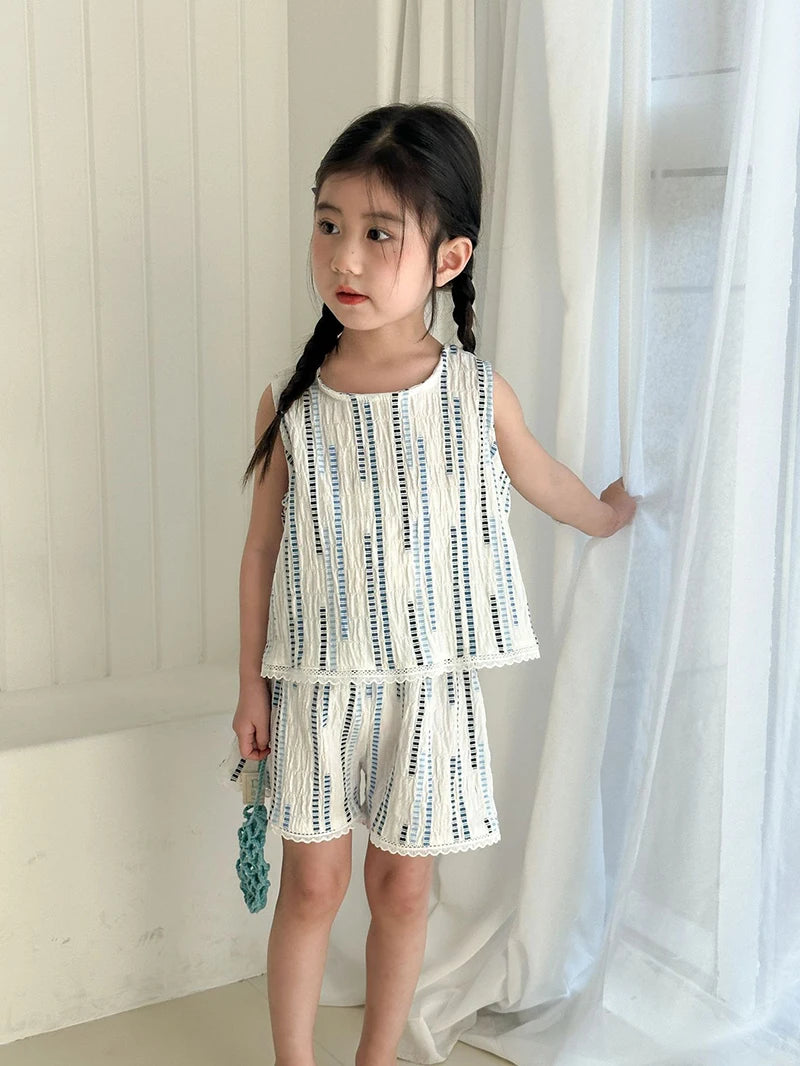 Summer Children's Vest Set Girls Lace Top Suit Kids Embroidered Striped Tank Top and Shorts 2Pcs Boys Casual Suit Sibling Outfit