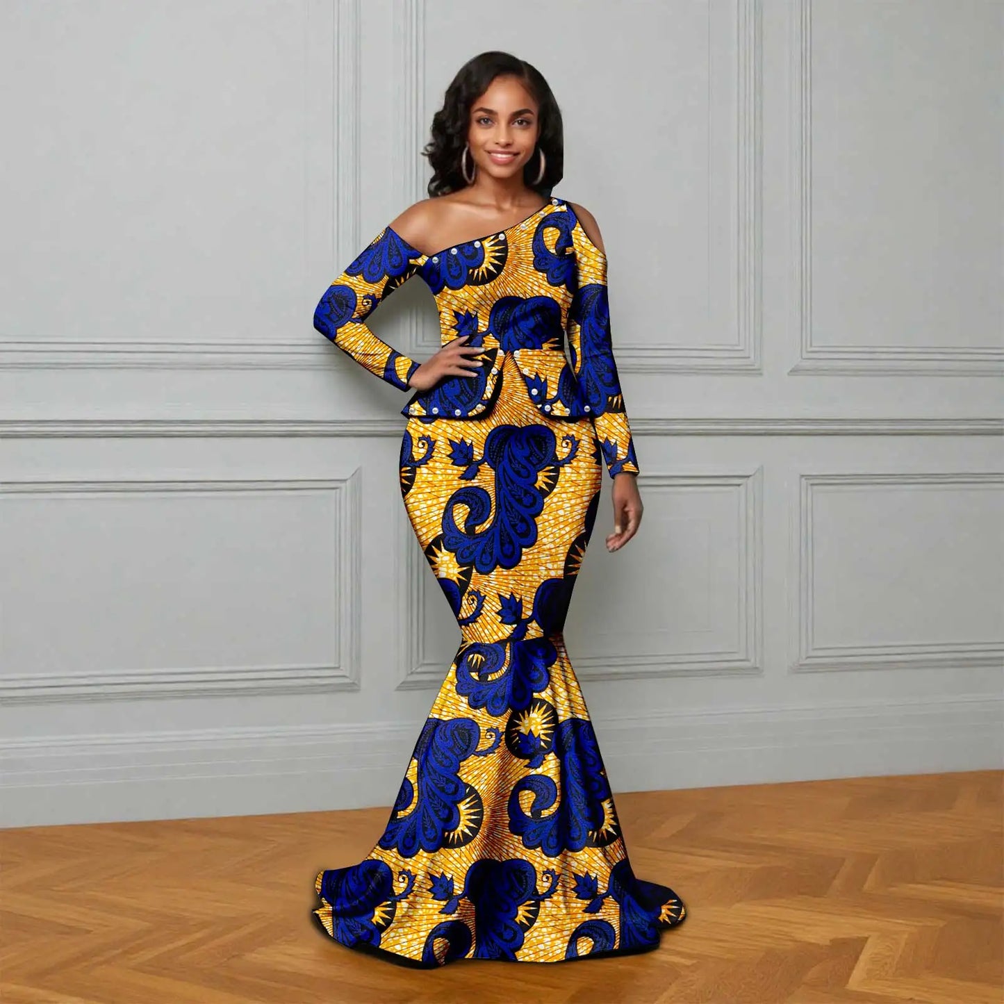 African Ankara Printed Fabric Women's Dress Skew Collar Long Sleeve Floor-Length Dress Elegant fashion 2625007