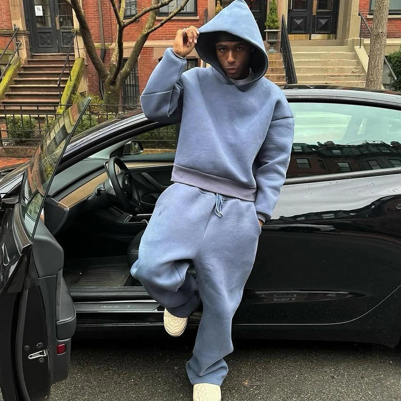 Men's Casual Solid Hooded Pullover Straight Pants 2 Piece Set Tracksuit For Fashion Loose Hoodies Sweatshirt Wide Leg Sweatpants