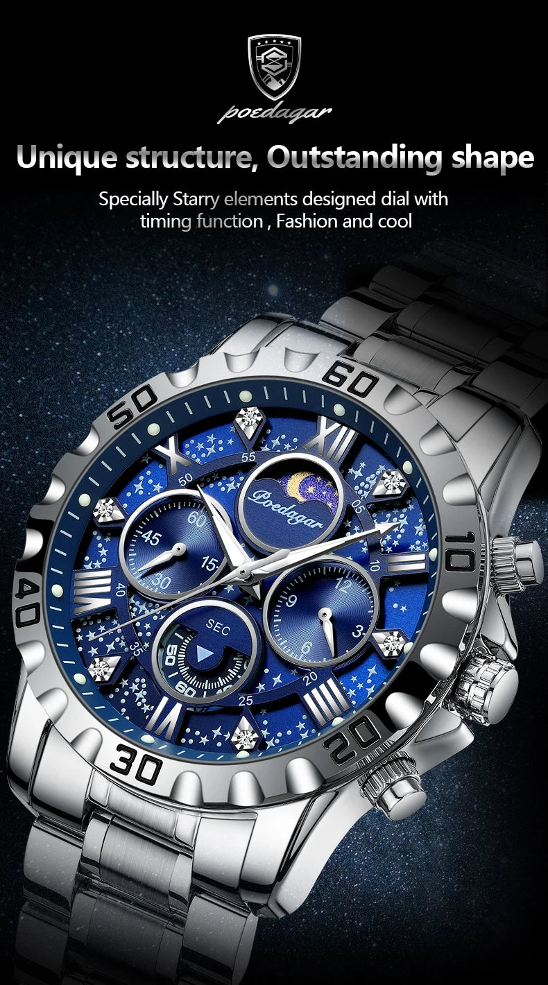 POEDAGAR Trendy Men Watch Chronograph Waterproof Luminous Stainless Steel Man Wristwatch Luxury Business Quartz Watches For Men